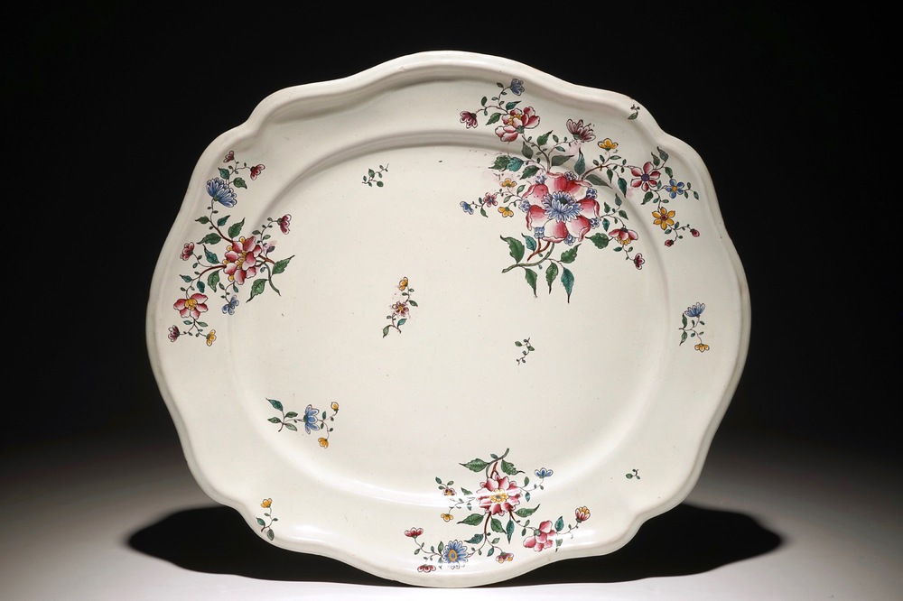 A large French faience dish with floral design, Paul Hannong, Strasbourg, 18th C.